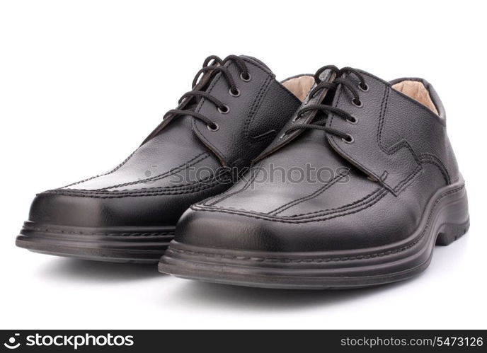 Black glossy man?s shoes with shoelaces isolated on white background