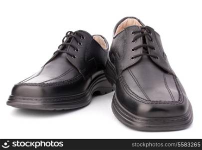 Black glossy man?s shoes with shoelaces isolated on white background