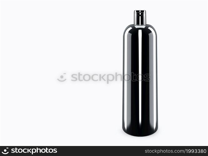 Black glossy shampoo plastic bootle mockup isolated from background: shampoo plastic bootle package design. Blank hygiene, medical, body or facial care template. 3d illustration