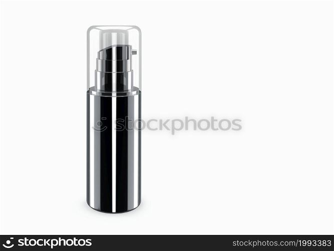 Black glossy spray bootle mockup isolated from background: shampoo plastic bootle package design. Blank hygiene, medical, body or facial care template. 3d illustration