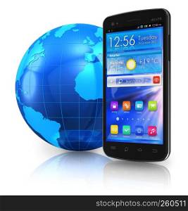 Black glossy touchscreen smartphone and blue Earth globe isolated on white reflective background