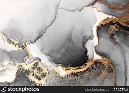 Black gold abstract background of marble liquid ink art painting on paper . Image of original artwork watercolor alcohol ink paint on high quality paper texture .. Black gold abstract background of marble liquid ink art painting on paper .