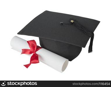 Black graduate hat and paper scroll tied with red ribbon with a bow, isolated on white background