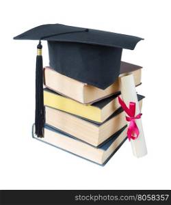 Black graduate hat, stack of big books and paper scroll tied with red ribbon with a bow, isolated on white background