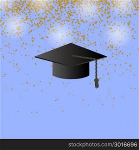 Black Graduation Cap on Confetti Blue Background. Black Graduation Cap on Confetti Background