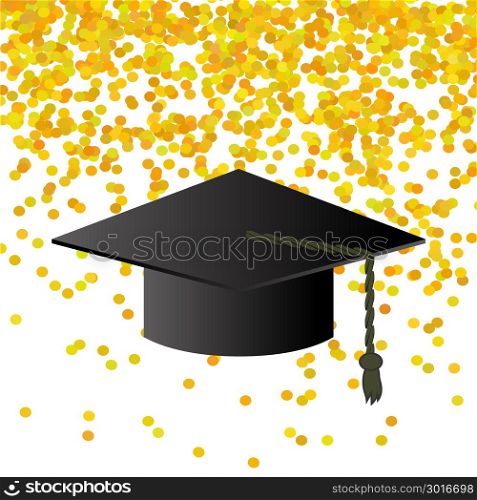 Black Graduation Cap on Yellow Confetti Background. Black Graduation Cap on Confetti Background