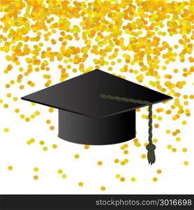 Black Graduation Cap on Yellow Confetti Background. Black Graduation Cap on Confetti Background