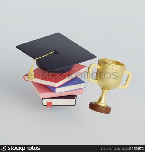 Black graduation hat on stack of books and golden trophy. Education concept. 3d render illustration