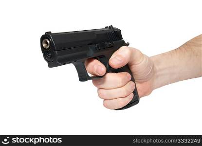Black gun in a hand isolated on white