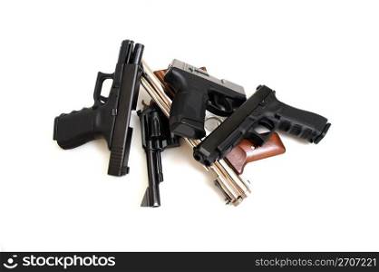 Black guns, Pistols and revolver isolated on a white background.. Handguns