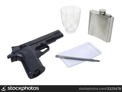 Black hand gun, silver flask with a small glass and a small notepad - path included