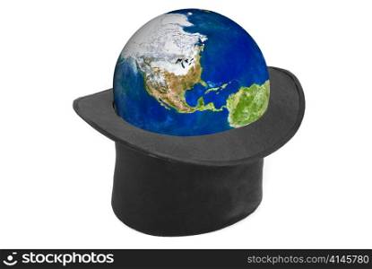 Black hat and earth planet isolated on a white background