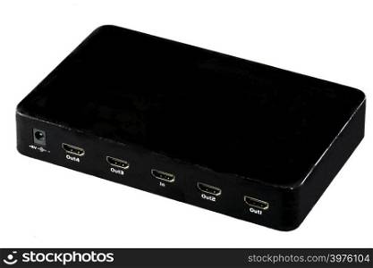 Black HDMI digital video four port splitter on white background. Electronic equipment for multiple televisions connection.