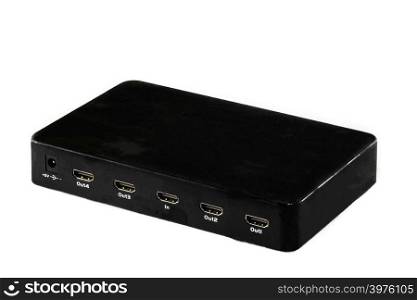 Black HDMI digital video four port splitter on white background with copyspace. Electronic equipment for multiple televisions connection.