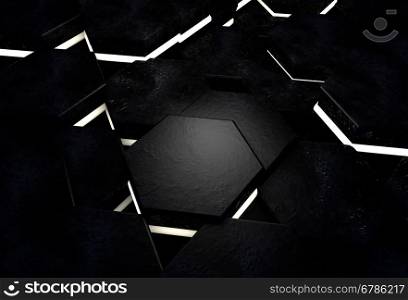 Black hexagonal abstract background with glowing white lights. Place for copy space.