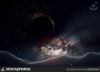 black hole, surrounded by galaxy of stars and nebulae, in stunning cosmic landscape, created with generative ai. black hole, surrounded by galaxy of stars and nebulae, in stunning cosmic landscape