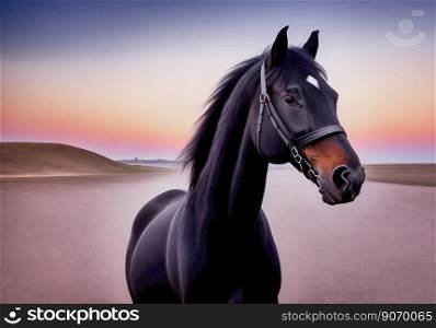 Black horse with bridle on a flat featureless plain with a rolling hill in the background, peaceful mood, made with generative AI