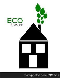 Black house icon with green energy conceptual theme. Green leaves as an ecological smoke over a chimney.