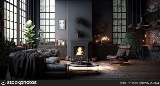 Black interior design of luxury living room with fireplace. distinct generative AI image.. Black interior design of luxury living room with fireplace