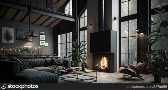 Black interior design of luxury living room with fireplace. distinct generative AI image.. Black interior design of luxury living room with fireplace
