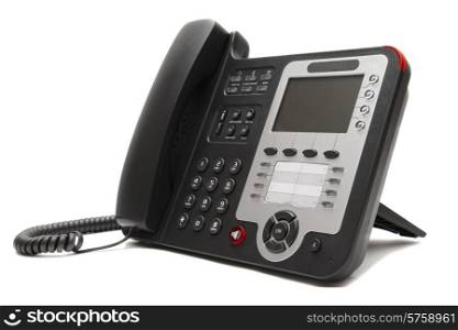 Black IP office phon isolated on white background closeup
