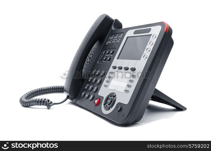 Black IP phone close up isolated on white background