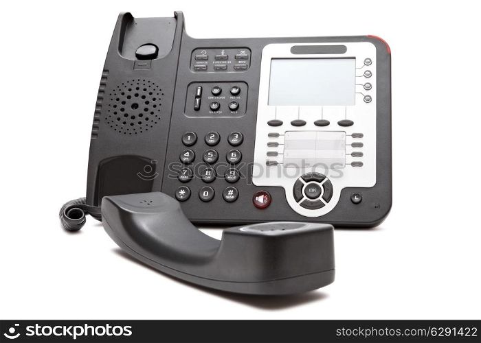 Black IP phone close up isolated on white background closeup