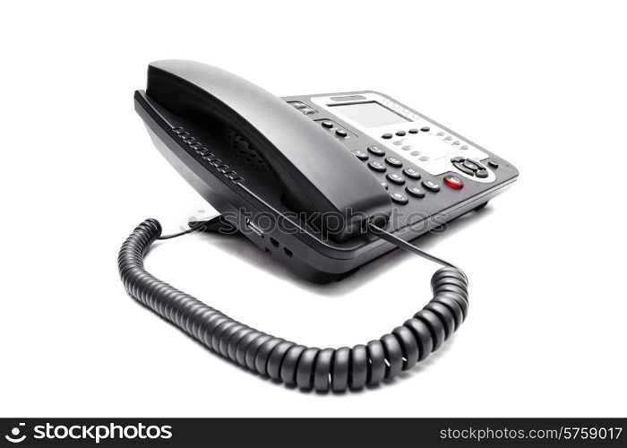 black IP phone closeup on white background