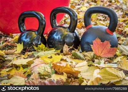 black iron exercise kettlebells with red Swiss ball and maple leaves - outdoor fitness concept