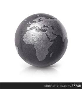 Black iron globe 3D illustration europe and africa map on white background