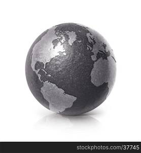 Black iron globe 3D illustration North and South America map on white background