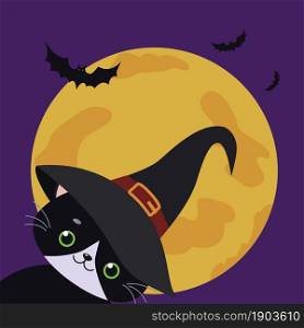 Black kawaii cat in witch hat on background of moon. Vector illustration. Cartoon flat style