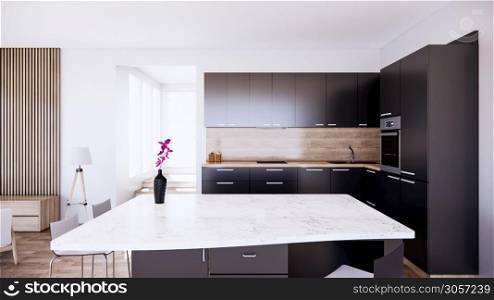 black kitchen room interior with Kitchen counter on wooden tiles. 3D rendering