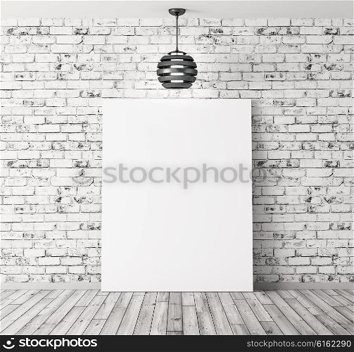 Black lamp and poster in room with brick wall and hardwood floor interior background 3d rendering