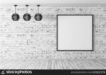 Black lamps and big poster in room with brick wall and hardwood floor interior background 3d render
