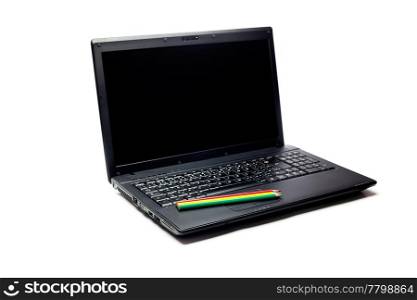 black laptop and pencil isolated on white