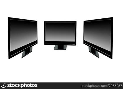 Black lcd monitors isolated on the white