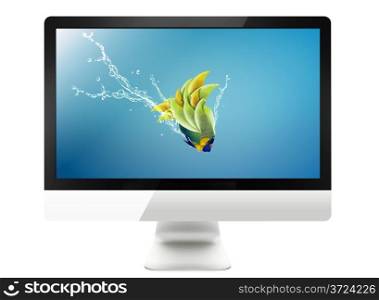 Black LCD tv screen and fish with water splash . (with clipping work path). LCD tv screen