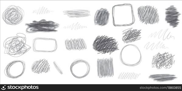 Black lead pencil drawings. A set of elements for design: strokes, frames, spots, stripes, lines, scribbles. Grey colors. Empty space for text. Vector. Black lead pencil drawings. A set of elements for design: strokes, frames, spots, stripes, lines, scribbles. Grey colors. Empty space for text.