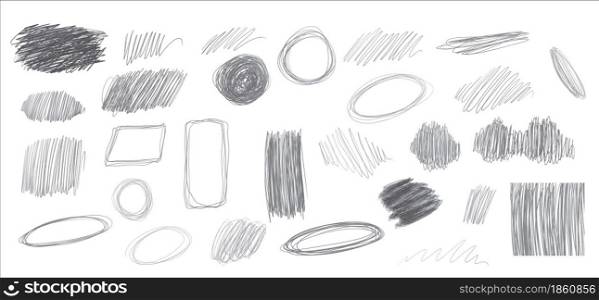 Black lead pencil drawings. A set of elements for design: strokes, frames, spots, stripes, lines, scribbles. Grey colors. Empty space for text. Vector illustration. Black lead pencil drawings. A set of elements for design: strokes, frames, spots, stripes, lines, scribbles. Grey colors. Empty space for text.