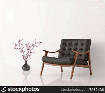 Black leather armchair and flower vase against of white wall isolated 3d rendering