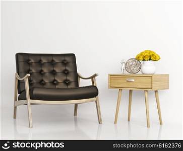 Black leather armchair and side table against of white wall isolated 3d rendering