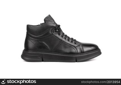 Black leather autumn sneakers for men isolated on white background