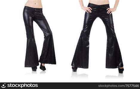 Black leather bell bottomed trousers. The black leather bell-bottomed trousers