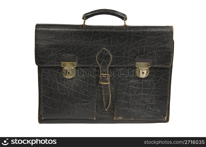 Black leather briefcase on a white background