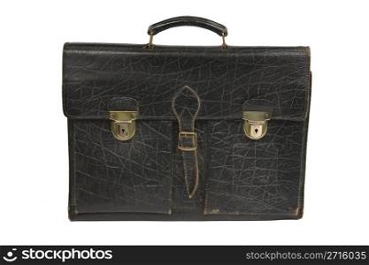 Black leather briefcase on a white background
