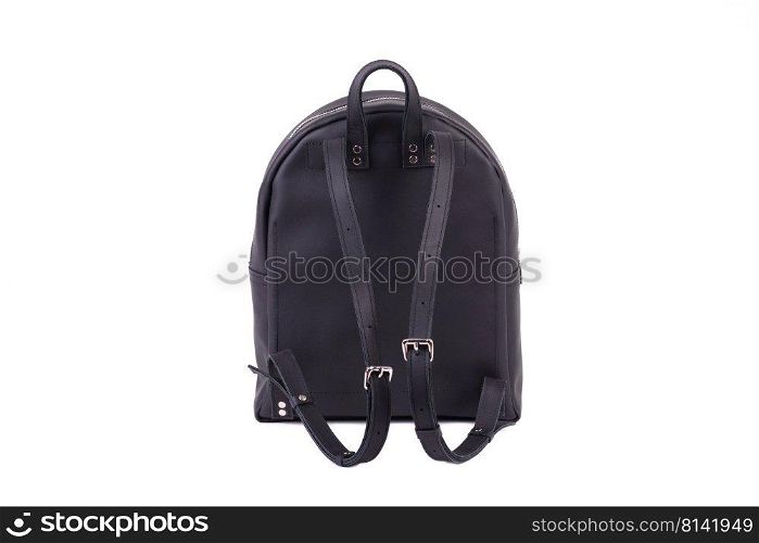 Black leather casual backpack isolated on white background. Black leather backpack standing on a white background in the studio