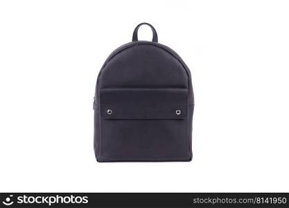 Black leather casual backpack isolated on white background. Black leather backpack standing on a white background in the studio