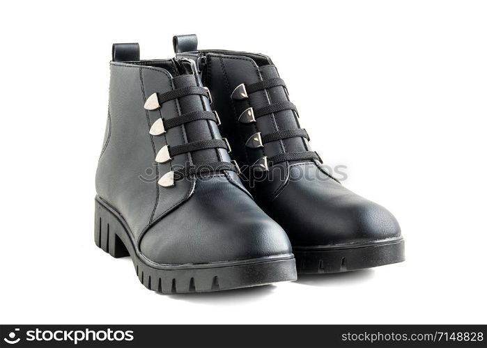 Black Leather female boots with buttons and zipper on white background. Leather female boots