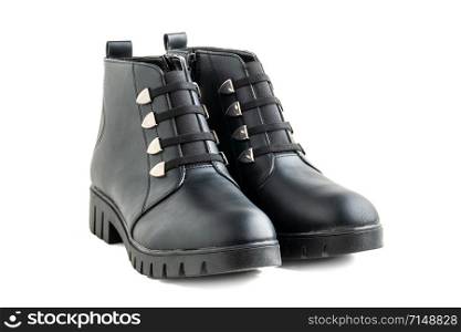 Black Leather female boots with buttons and zipper on white background. Leather female boots